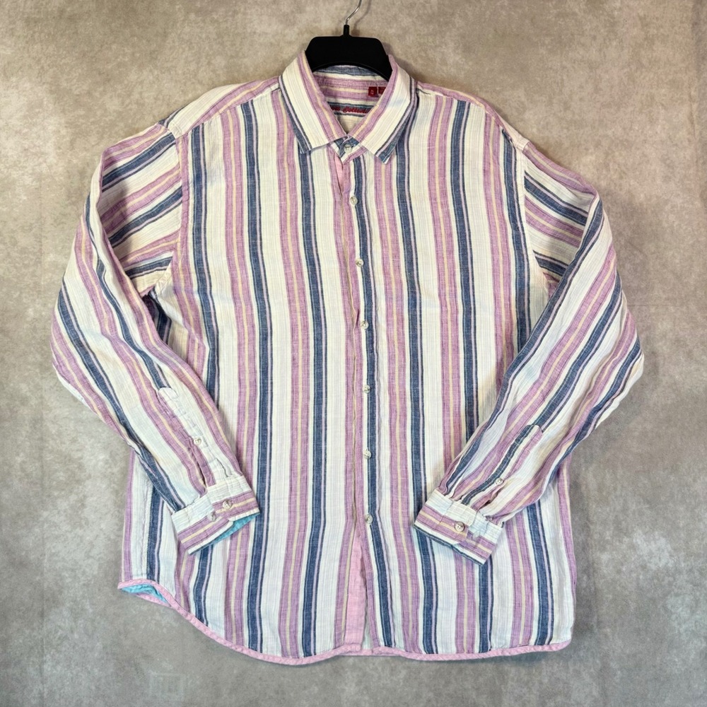 Report Collection Shirt Mens XL Multi Stripe 100% Linen Long Sleeve Button Down